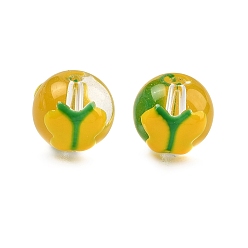 Золотистый Прозрачные стеклянные эмалевые бусины, бусины ручной работы, круглые с бабочкой, золотые, 12.5 мм, отверстие : 1.8 мм