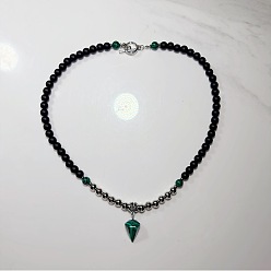 Малахит Европейские подвески-пирамидки из черного стекла диаметром 8 мм с застежками из сплава для мужчин., платина, 21.65 дюйм (55 см)