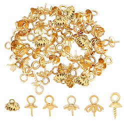 Oro 60 piezas 6 estilo 304 colgantes de pasador con forma de copa de perla de acero inoxidable, por medio perforó perlas, flor, dorado, 8~10.5x5~7 mm, agujero: 2 mm, pin: 0.6~1.3 mm, 10 piezas / estilo