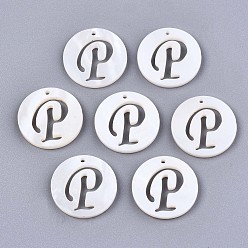 Letter P Natural Freshwater Shell Charms, Flat Round with Hollow Out Letter, Letter.P, 14.5x1.5mm, Hole: 0.9mm
