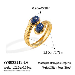 Gemstone 304 Stainless Steel Gemstone Cuff Open Rings for Women, Oval, Real 18K Gold Plated, Inner Diameter: 18.6mm