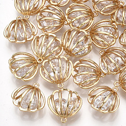 Real 18K Gold Plated Brass Cubic Zirconia Charms, Hollow, Shell, Clear, Real 18K Gold Plated, 12.5x12.5x7mm, Hole: 0.8mm