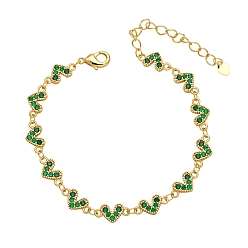 Зеленый Браслеты с звеньями из латуни и циркония в виде сердца для женщин с микропаве, зелёные, 6-7/8 дюйм (17.5 см)