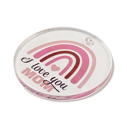 Hot Pink Mother's Day Opaque Acrylic Pendants, Flat Round with Word, Hot Pink, 45x3mm, Hole: 3.5mm