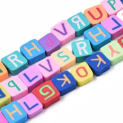 Mixed Color Handmade Polymer Clay Bead Strands, Square with Capital Letter, Mixed Color, 8~10x7~10x4~5mm, Hole: 1.6mm, about 40pcs/strand, 14.57 inch~14.76 inch(37~37.5cm).