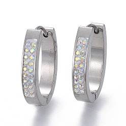 Нержавеющая Сталь Цвет 304 обруч серьги из нержавеющей стали замке, с полимерной глиной горный хрусталь, кольцо, хрусталь AB, цвет нержавеющей стали, 22x16x4 мм, штифты : 1 мм