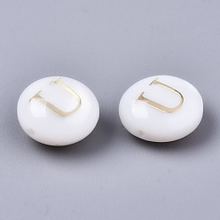 Letter U Natural Freshwater Shell Beads, with Golden Plated Brass Etched Metal Embellishments, Flat Round, Seashell Color, Letter.U, 8x3~5mm, Hole: 0.5~07mm