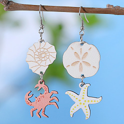 Shell Shape Деревянные серьги с подвесками в богемном стиле, нержавеющей стали, украшения для женщин, морская тема, платина, формы раковины, 75x26 мм