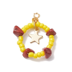 Красный Камень Кусочки натуральной красной яшмы и подвески из стеклянных семян, с 304 петлями из нержавеющей стали, кольцо с подвесками в виде звезд, 28~30x22~25x6~8 мм, отверстие : 1.5 мм