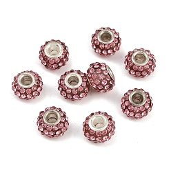 Розовый Бусины со стразами из смолы, с двойными сердечниками серебрянного цвета из латуни, класс А, рондель, светло-розовый, 10x7 мм, отверстие : 2.5 мм