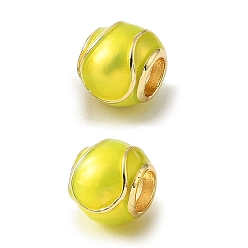 Tennis Pelota deportiva latón esmalte cuentas europeas, abalorios de grande agujero, larga duración plateado, sin plomo y cadmio, real 18 k chapado en oro, tenis, 9.5~10 mm, agujero: 4.5 mm