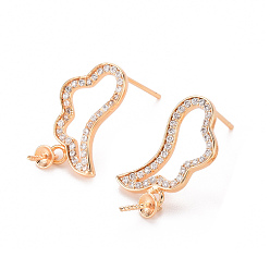 Real 18K Gold Plated Brass Micro Pave Clear Cubic Zirconia Earring Findings, for Half Drilled Beads, with 925 Sterling Silver Pins, Nickel Free, Wing, Real 18K Gold Plated, 23x11mm, Pin: 0.8mm, Pin: 0.8mm(for Half Drilled Beads)