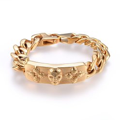 Golden Ion Plating(IP) 304 Stainless Steel Link Bracelets, with Lobster Claw Clasps, Rectangle with Skull, Golden, 8-5/8 inch(22cm), 14x5mm