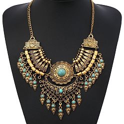 Бледно-бирюзовый Этнический стиль цинковый сплав паве синтетическая бирюза каплевидные массивные ожерелья нагрудник для женщин, античное золото , бледные бирюзовая, 19.69 дюйм (50 см)