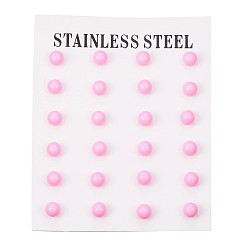 Pink 304 Stainless Steel Spray Painted Stud Earrings, Round, Pink, 17x6mm, Pin: 0.8mm, 12pairs/card