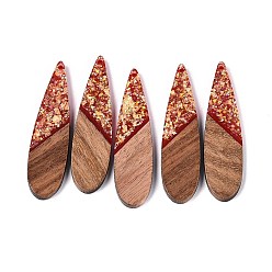 Темно-Красный Подвески из непрозрачной смолы и орехового дерева, слезинки, с блестящей пудрой и золотой фольгой, темно-красный, 52~53x13.5x3 мм, отверстие : 1.8 мм