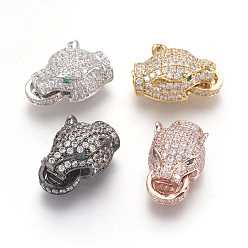 Mixed Color Brass Micro Pave Cubic Zirconia Fold Over Clasps, Leopard Head, Clear, Mixed Color, 19x10x8mm, Hole: 0.7~1.2mm