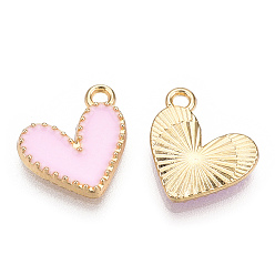 Pink Alloy Enamel Charms, Cadmium Free & Nickel Free & Lead Free, Light Gold, Heart Charm, Pink, 14x13.5x2mm, Hole: 1.5mm