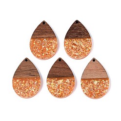 Темно-Оранжевый Подвески из непрозрачной смолы и орехового дерева, слезинки, с блестящей пудрой и золотой фольгой, темно-оранжевый, 36x24.5x3~3.5 мм, отверстие : 2 мм