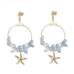 Aquamarine Natural Aquamarine Chip Beads Dangle Stud Earrings, Ring with Starfish Long Drop Earrings for Women, Golden, 60mm, Pin: 0.7mm, Beads: 7~12x5~10.5x2~6mm, Star: 17.5x15x2mm