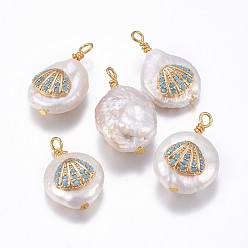 Deep Sky Blue Natural Cultured Freshwater Pearl Pendants, with Brass Micro Pave Cubic Zirconia Findings, Nuggets with Shell, Golden, Deep Sky Blue, 17~26x11~16x5~11mm, Hole: 1.6~2mm