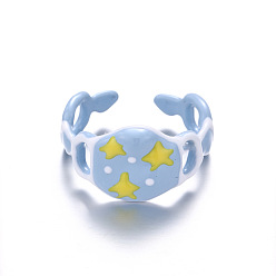 Light Sky Blue Brass Enamel Cuff Open Rings for Girls, Star, Light Sky Blue, 15~20mm