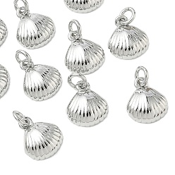Real Platinum Plated SHEGRACE Brass Pendants, Shell Shape Charms, Cadmium Free & Lead Free & Nickel Free, with Jump Ring, Real Platinum Plated, 10x8.5x2.5mm, Hole: 2.5mm