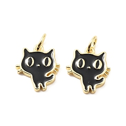 Черный Латунь эмаль прелести, с прыжковых колец, подвески в форме кошки, стойки покрытие, реальный 18 k позолоченный, без свинца и без кадмия, долговечный, чёрные, 13x12x2 мм, отверстие : 3.3 мм