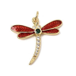 Red Brass Micro Pave Cubic Zirconia Pendants, with Enamel, Dragonfly Charms, Rack Plating, Long-Lasting Plated, Cadmium Free & Lead Free, Real 18K Gold Plated, Red, 23x25x3mm, Hole: 3.3mm