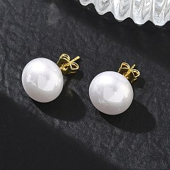 Blanc Boucles d'oreilles puces en laiton et plastique ABS imitation perle pour femmes, ronde, plaqué longue durée, crémaillère plaquage, sans plomb et sans cadmium, or, blanc, 11.5mm