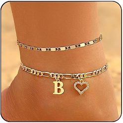 Letter B Двухслойные браслеты для щиколотки с латунными кристаллами и стразами в форме сердца, золотые, В письме, 7-7/8 дюйм (200 мм), 2 шт / комплект