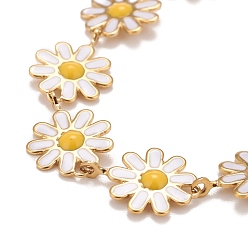 White Enamel Daisy Link Chains Bracelet, Vacuum Plating 304 Stainless Steel Jewelry for Women, Golden, White, 7-1/4 inch(18.4cm)