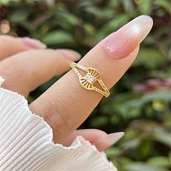 Real 18K Gold Plated Brass Micro Pave Cubic Zirconia Cuff Open Rings for Women, Fan, Real 18K Gold Plated, US Size 4 1/4(15mm)~20mm