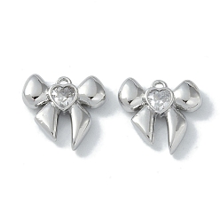 Clear Brass Charms, with Glass, Bowknot, Real Platinum Plated, Clear, 13x14x3mm, Hole: 1.4mm
