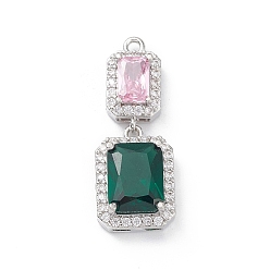 Platinum Rack Plating Brass Micro Pave Clear Cubic Zirconia Big Pendants, with Glass Rhinestone, Rectangle Charms, Long-Lasting Plated, Cadmium Free & Lead Free, Platinum, 25x10x5.5mm, Hole: 1.4mm