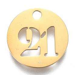 Number 304 подвески из нержавеющей стали, отрезать, полый, плоские круглые с номером, золотые, кол. 21, 19x1.5 мм, отверстие : 2.5 мм