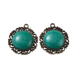 Antique Bronze Tibetan Style Alloy Pendants, with Synthetic Turquoise, Dyed, Flower, Antique Bronze, 39x38x7mm, Hole: 3mm