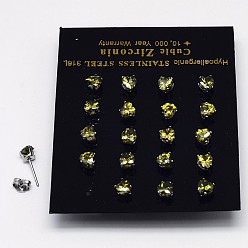 Цвет Оливы Серьги кубического циркония, с 304 основаниями из нержавеющей стали, 316 хирургический штифт из нержавеющей стали, класс AAA, сердце, оливковый, 3x3 мм, штифты : 0.8 мм