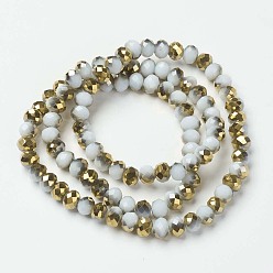White Electroplate Opaque Glass Beads Strands, Half Golden Plated, Faceted, Rondelle, White, 8x6mm, Hole: 1mm, about 72pcs/strand, 16.14 inch(41cm)