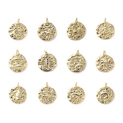 Constellation Brass Micro Pave Cubic Zirconia Pendants, with Jump Rings, Flat Round, Colorful, Golden, 12 Constellations, 14~15x2mm, Hole: 3mm