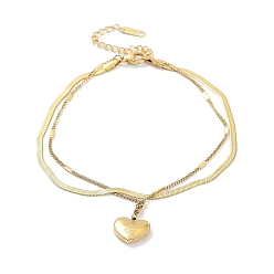 Golden Ion Plating(IP) 304 Stainless Steel Chains Double Layer Multi-strand Bracelet, with Heart Charms, Golden, 9-3/4 inch(24.6cm)