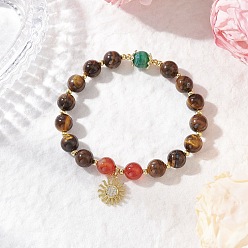 Тигровый глаз Браслеты из круглых бусин из натурального полосатого агата и тигрового глаза, латунные браслеты с подвесками в виде солнца из прозрачных кубических цирконий с микропаве для женщин, внутренний диаметр: 2-1/8 дюйм (5.3 см)