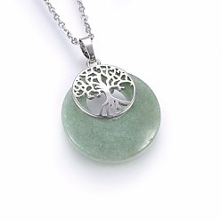 Зеленый Авантюрин Естественный зеленый авантюрин кулон ожерелье, с 304 фурнитурой из нержавеющей стали, плоские круглые с деревом, 19.68 дюйм (50 см), Кулон : 40x28x6 мм