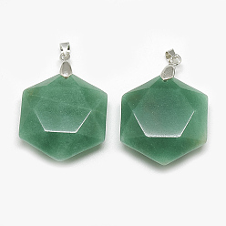 Green Aventurine Natural Green Aventurine Pendants, with Brass Findings, Hexagon, Platinum, 28x25x9.5mm, Hole: 4mm