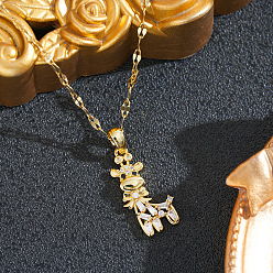 Real 18K Gold Plated Brass Pave Clear Cubic Zirconia Giraffe Pendant 201 Stainless Steel Dapped Chain Necklaces for Women, Ion Plating(IP), Real 18K Gold Plated, 15.75 inch(40cm)