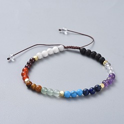 Смешанные камни Регулируемые нейлоновые нити плетеные браслеты из бисера, с круглыми бусинами из натурального и синтетического смешанного драгоценного камня и латунными кубиками, 2 дюйм ~ 3 дюйм (5.1~7.7 см)