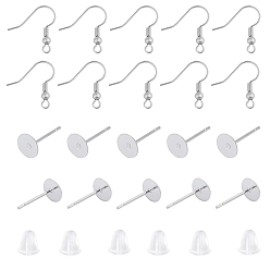 Stainless Steel Color Earring Findings Sets, with 304 Stainless Steel Stud Earring Findings, 316 Stainless Steel Earring Hooks and Plastic Ear Nuts, Stainless Steel Color, 400pcs/box