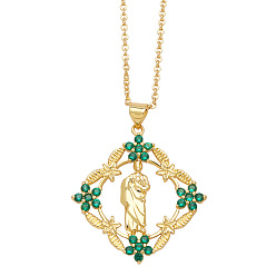 Dark Green Brass Micro Pave Cubic Zirconia Pendant Necklaces, Dark Green, 17.72 inch(45cm)