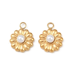 Настоящее золото 18K 304 подвески из нержавеющей стали, цветочный шарм, с абс пластмассовыми жемчужными бисером, ионное покрытие (ip), реальный 18 k позолоченный, 15.5x12x5.5 мм, отверстие : 2.5 мм