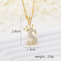 Letter S Латунные микропаве прозрачные кубические цирконии корона инициал кулон ожерелья, реальный 18 k позолоченный, Письмо с, 15.75 дюйм (40 см)